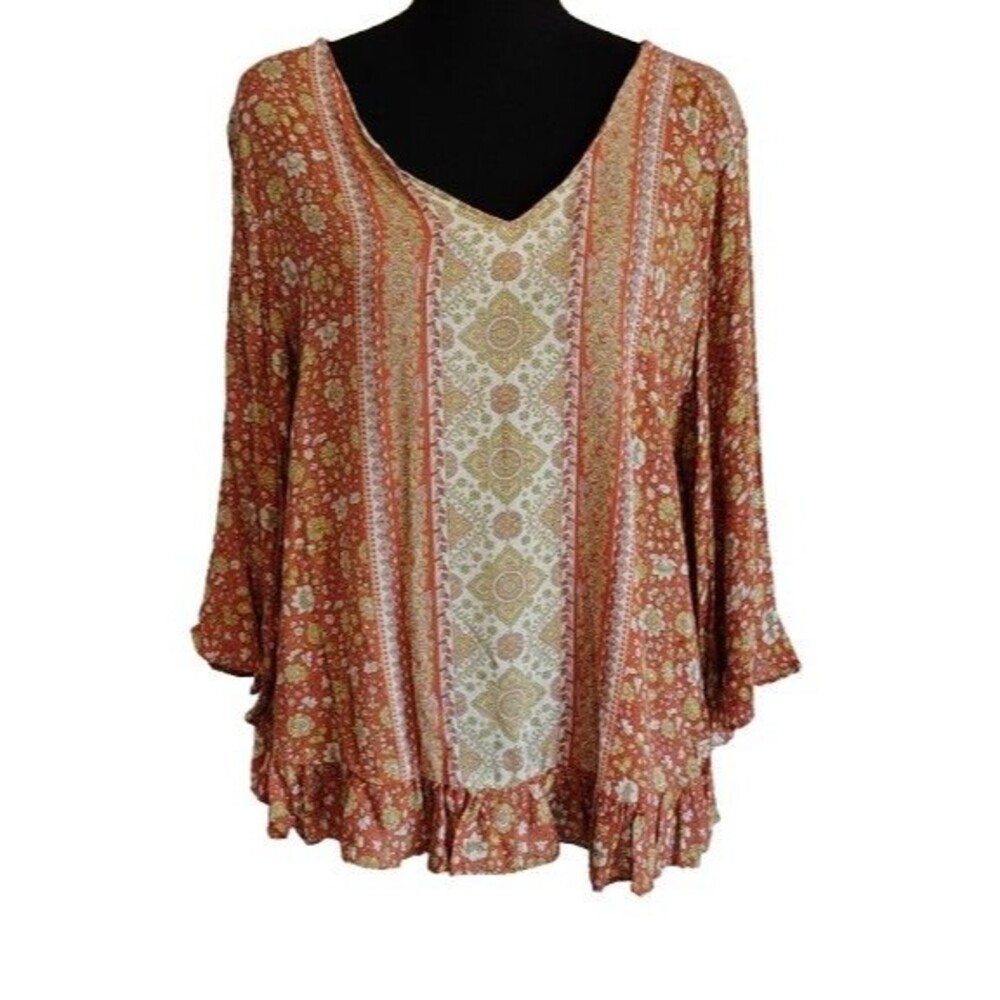 Rose & Thyme Top Sz L Terracotta Orange Floral Tile Boho Ruffle Hem V-Neck